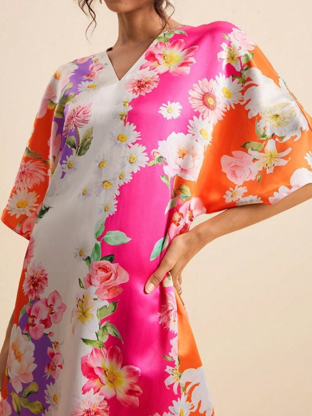 Multicolor Boho Tropical Floral Women's V-Neck Short Sleeve Printed Dress - Picture 4 of 8